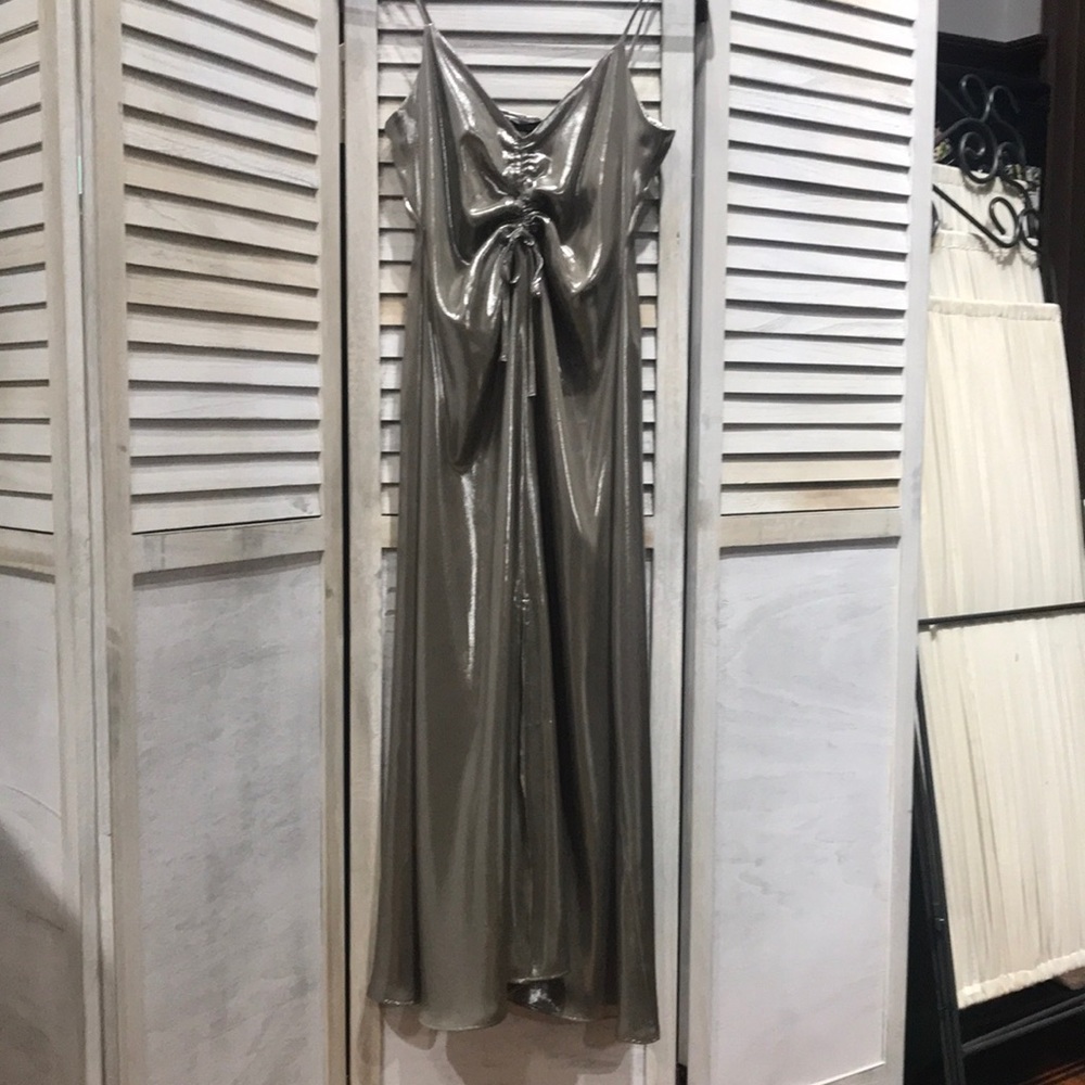 Zara Liquid Silver slip dress with ruched bodice- midi length; XS; NWT